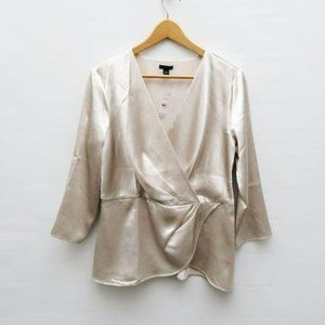 Ann Taylor Silver Ivory Wrap Blouse, Size Medium